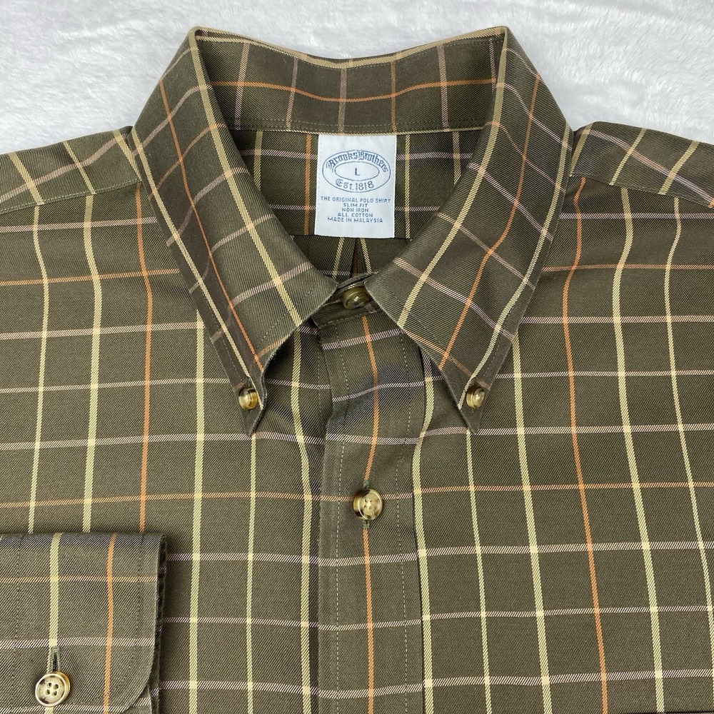 Brooks Brothers Mens Dress Shirt Large Brown Orange-Tan Check Slim Fit
